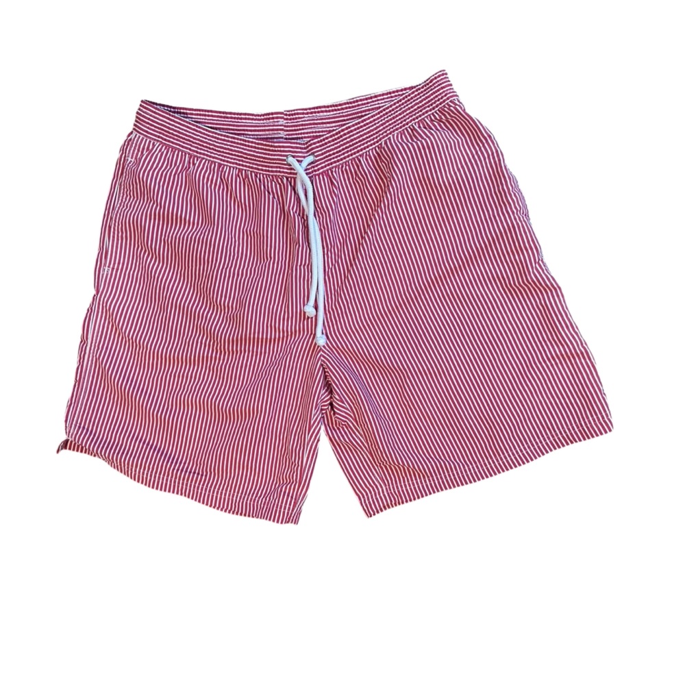 TailorByrd Mens Red White Striped Swim Trunks XL Preppy Seersucker  7" inseam